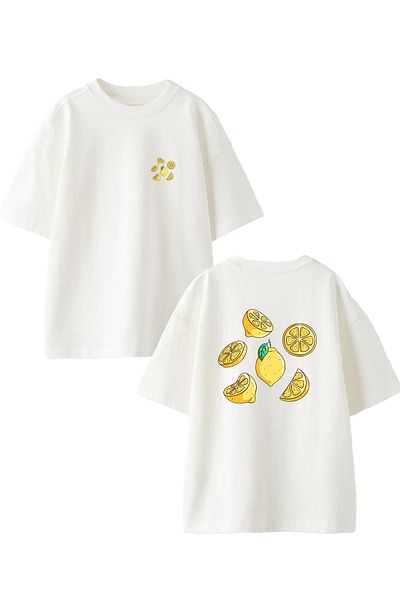 NMG TEKSTİL Λευκό Oversize Βαμβακερό T-shirt - Φέτες λεμονιού, Μπροστινό και Πίσω Εκτύπωση