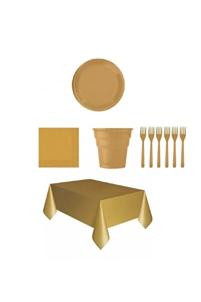 Gold Cake Plastik Tabak Bardak Çatal Peçete Ve Masa Örtüsü Seti 25 Kişilik Gold