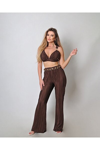 ByRanaBuyuk Women's Brown Pleated Set