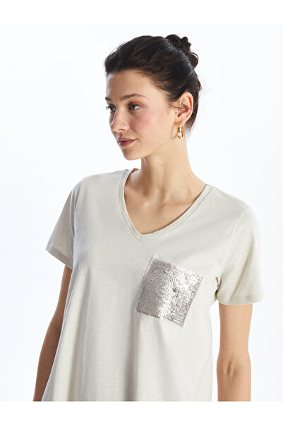 LC Waikiki Női V-nyakú póló - flitteres, rövid ujjú