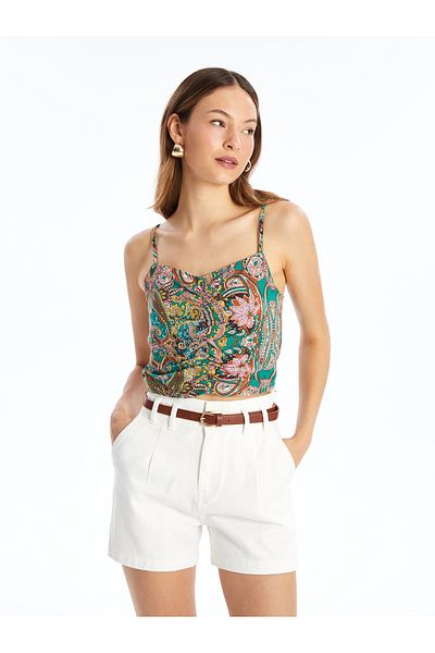 LC Waikiki Leinenoptik Gemustertes Damen Crop mit Trägern - Herzkragen