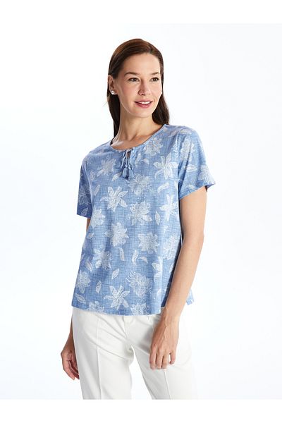 LC Waikiki Patterned Tie Collar - Short Sleeve Women's Blouse