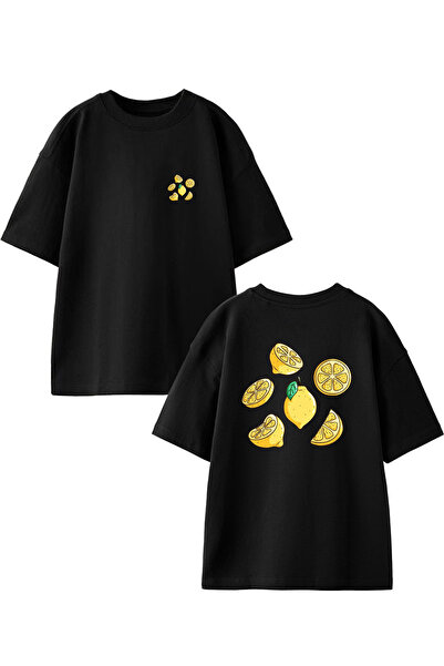 NMG TEKSTİL تي شيرت أسود كبير الحجم من القطن - قطعة ليمون محبوكة للجنسين