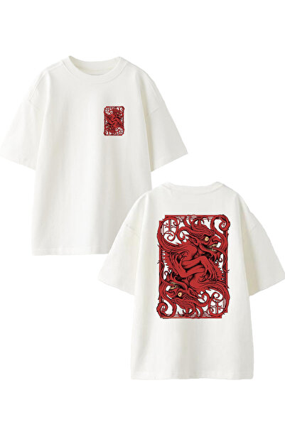 NMG TEKSTİL Λευκό Red Devil Printed Unisex Oversize Βαμβακερό T-shirt