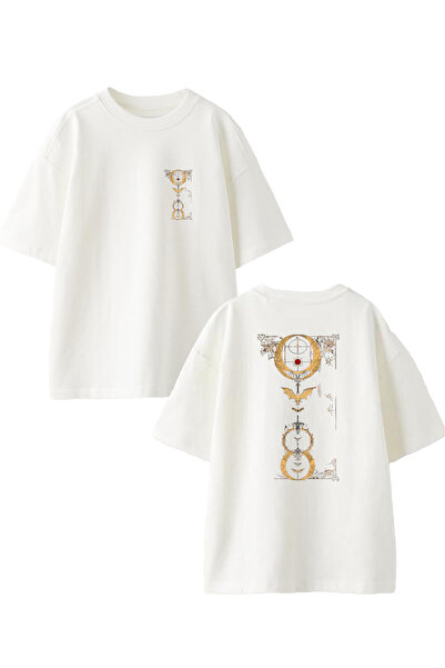 NMG TEKSTİL Λευκό Oversize Βαμβακερό T-shirt - Νυχτερινό Χρυσό Χρώμα, Σύμβολο...