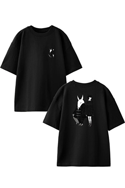 NMG TEKSTİL Μαύρο Oversize βαμβακερό γυναικείο μπλουζάκι με σχέδιο λευκού χοί...