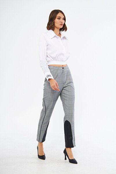 LAMANTE DERİ DETAYLI EKOSE PANTOLON