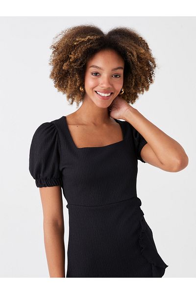 LC Waikiki Women's Dress - Square Neck, Solid Cut, Short Sleeve