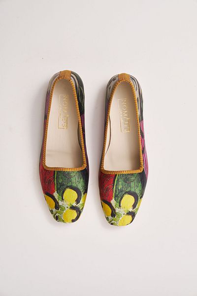 Nomads Felt Henri Matisse Purple and Dress Patterned 100% Silk Genuine Leather Ballerinas