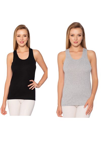 Pi Giyim Women's Rib Wide Strap Flat Piping Tank Top 6 Pack Grey-Black
