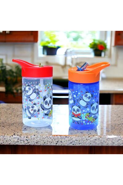 Peaceful 2 Adet 430 cc BPA FREE Katlanabilir Pipetli Sevimli Panda Desenli Akıtmaz Matara ve Suluk