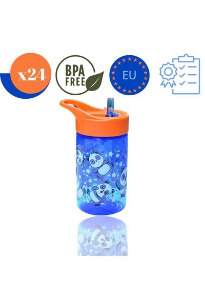 Peaceful 24'lü Paket Bpa Free 430 Cc Mavi Renk Sevimli Panda Desenli Pipetli Suluk Ve Matara