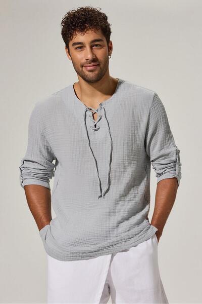 White By Nature Long Sleeve Studded Grey Men's T-Shirt