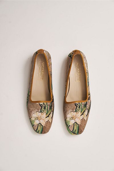 Nomads Felt Beige Van Gogh Almond Tree Patterned 100% Silk Genuine Leather Women's Ballerinas