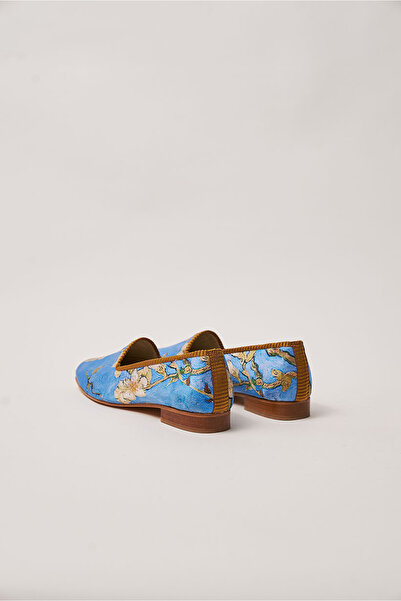 Nomads Felt Blue Van Gogh Almond Tree Patterned Genuine Leather 100% Silk Ballerinas