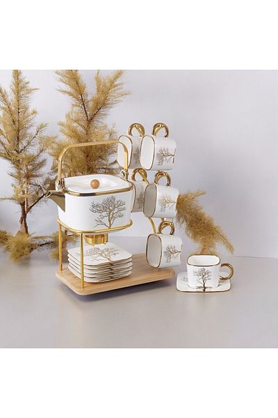 Vadi Luxury Porcelain Teapot and Coffee Cup Set - Autumn Gold Detailed