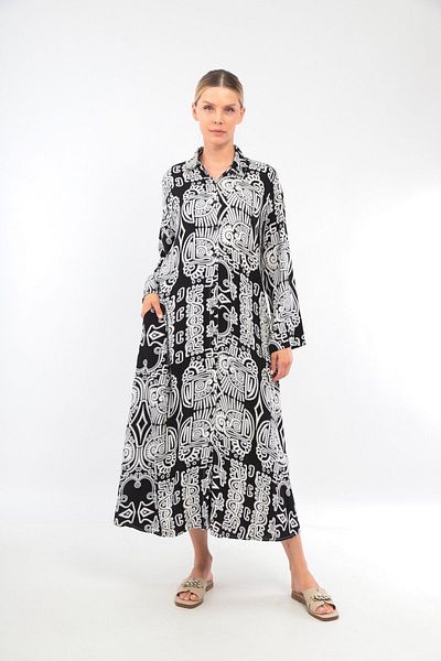 soBasic Rochie cămașă din viscoză neagră - 100% bumbac, imprimeu, nasturi în față și cu fantă - STD