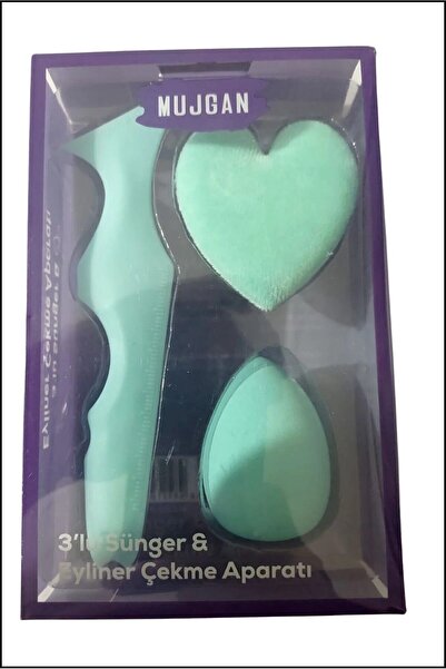 MUJGAN 3'lü Sünger ve Eyeliner Çekme Aparatı Yeşil Renk