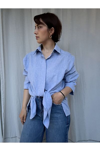 soBasic Cămașă tunică din bumbac și in, cu fantă și detaliu nasturi - Albastru