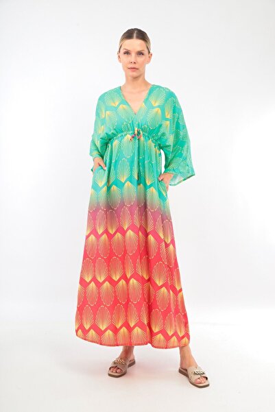 soBasic Зелена V-подібна горловина, декольте, зав'язка, деталізовані низькі рукави, сукня з візерунком -2