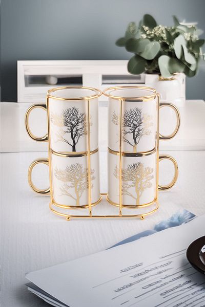 Vadi Autumn Gold Detailed - Life Tree Patterned 4-Piece Mug Set