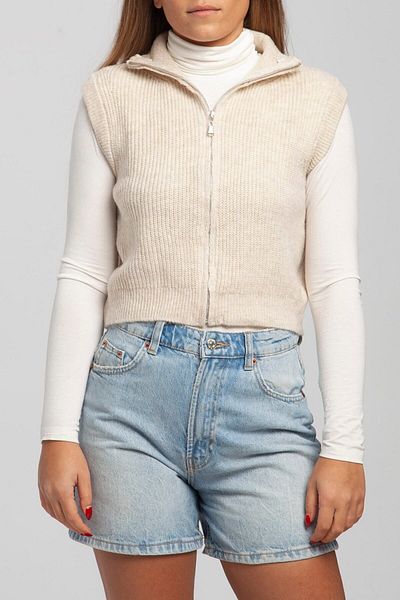 summer people Vestă crop cu guler înalt cu fermoar lungime bej