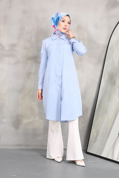 Eliva Baby Blue Women's Tunic - Long Sleeve, Buttoned Collar