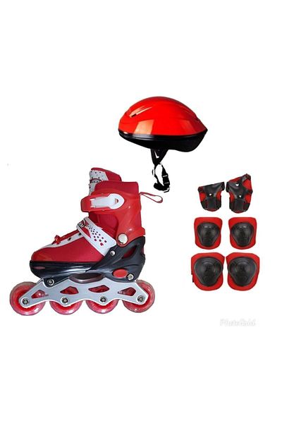 oyuncak paketim Red Adjustable, Full Set (Including Helmet and Knee Pad Set) 2in1 Kids Beginner Skates