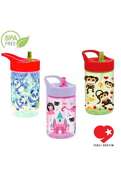 Peaceful 3 Pieces Set Bpa Free 430 Cc Princess, Transparent Panda and Monkey Patterned Water Bottle with Straw