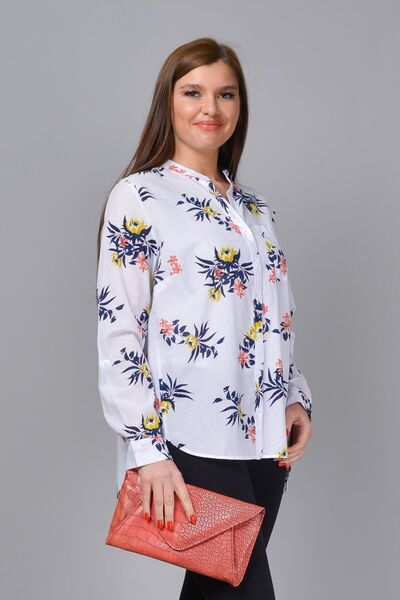 TUSSE Çiçek Desenli Kolları Bağcıklı Pamuklu Büyük Beden Gömlek
