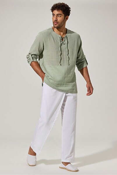 White By Nature Long Sleeve Studded Sile Cloth Green Men's T-Shirt