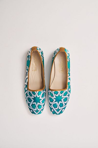 Nomads Felt Turquoise Tile Patterned Genuine Leather 100% Silk Ballerinas