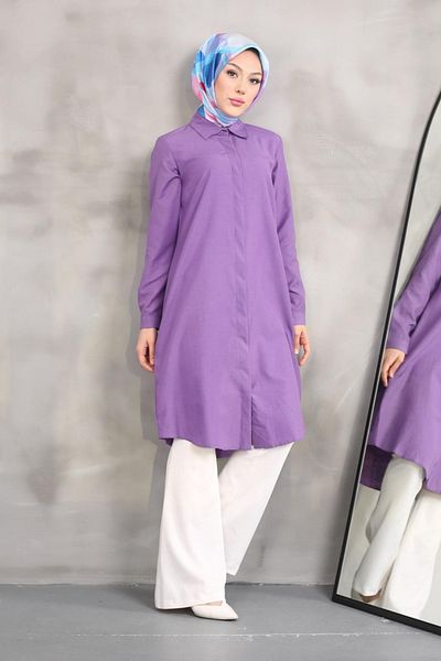 Eliva Purple Long Sleeve Collar - Buttoned Women's Hijab Tunik