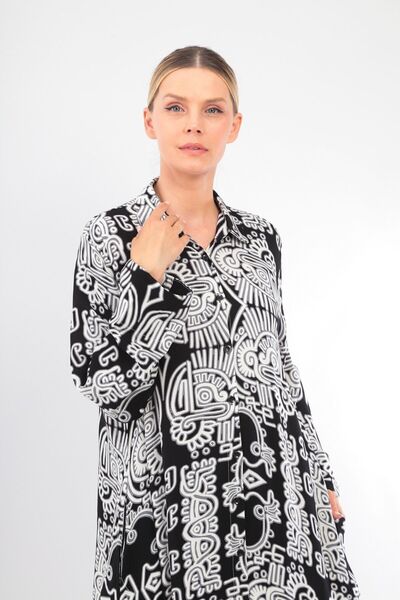 soBasic Чорна віскозна сорочка-сукня - 100% бавовна, з візерунком, на ґудзиках спереду та розрізом - STD