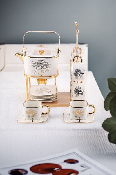 Vadi Luxury Porcelain Teapot and Coffee Cup Set - Autumn Gold Detailed