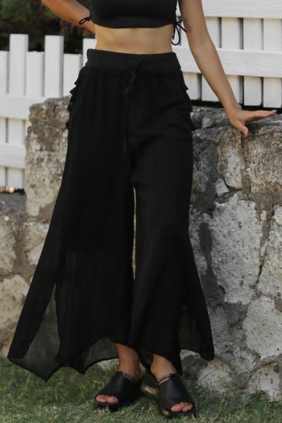 Chiccy Black Organic Cotton - Tasseled and Elastic Wide Leg Casual Trousers