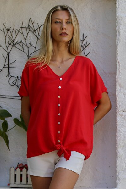 Chiccy ReD V-neck Tie-up Low sleeve Casual Blouse - Ornamental ButtoneD