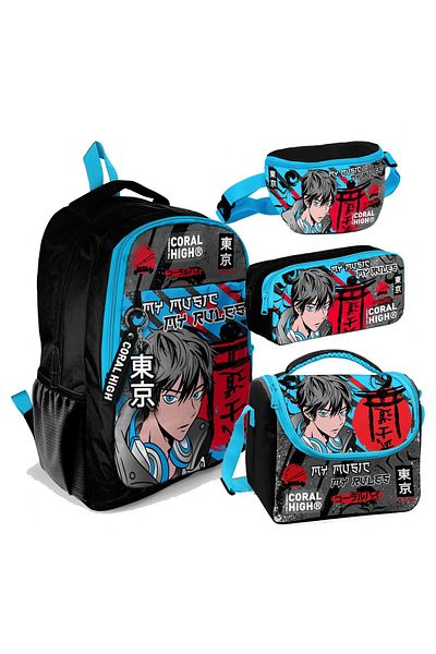Coral High Geantă de școală din 4 piese cu model anime pentru băieți, negru și albastru - pentru școala primară și gimnazială