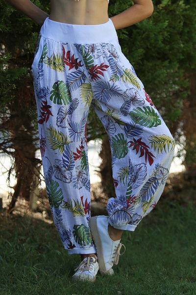 Chiccy White Leaf Patterned Double Pocket Jogger Pants - Elastic Waist, Baggy Leg