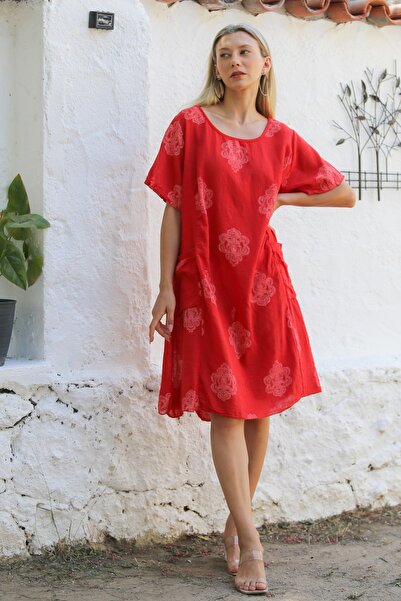 Chiccy Red Italian - Allover Printed Linen Blended Casual Dress with Boat Neck and Pockets