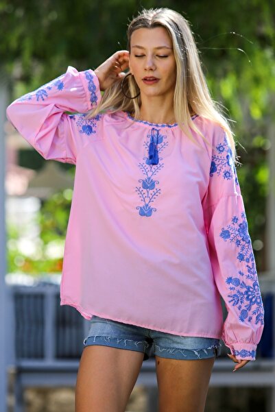 Chiccy Pink Embroidered Woven - Halter Neck Balloon Sleeve Casual Blouse