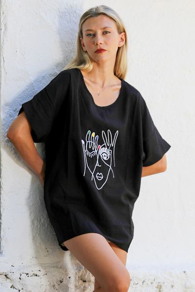 Chiccy Μπλούζα Pool Neck Μαύρη Κεντημένη Κοντομάνικη Βαμβακερή Μπλούζα