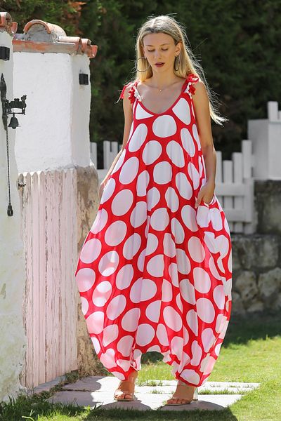 Chiccy V-necK Red-white Oversize Jumpsuit with Pompom - allover Printed, Shalwar Leg