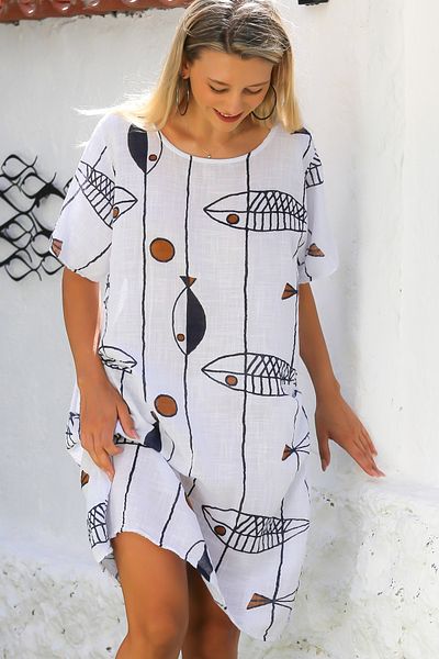 Chiccy Λινό casual φόρεμα με λευκό ψάρι - στρογγυλή λαιμόκοψη, κοντό μανίκι