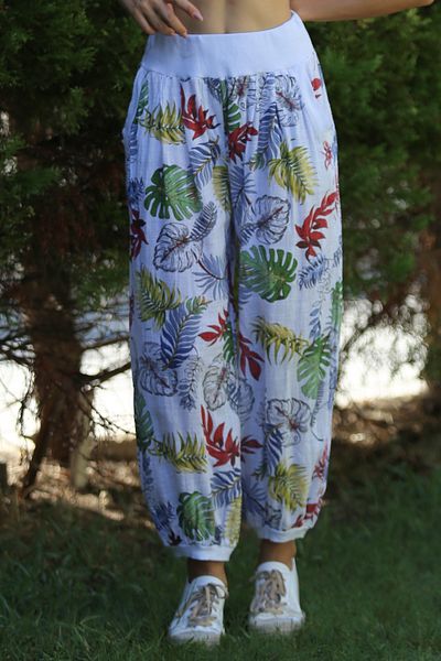 Chiccy White Leaf Patterned Double Pocket Jogger Pants - Elastic Waist, Baggy Leg