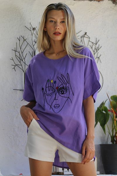 Chiccy Ανοιχτό μωβ Κεντημένο κοντομάνικο casual βαμβακερή μπλούζα - γιακάς πισίνας