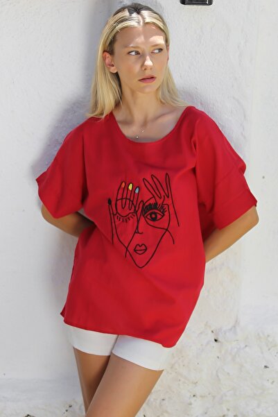 Chiccy Kırmızı Havuz Yaka Kısa Kol Nakışlı Dokuma Casual Pamuklu Bluz