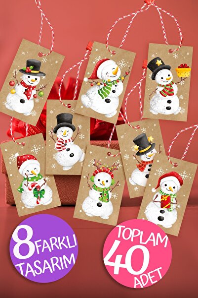 colortouch New Year and Winter Gift Kraft Label, Snowman Model-2, 40 Pieces 5X8 Cm, Locked Thread, Perforated Label