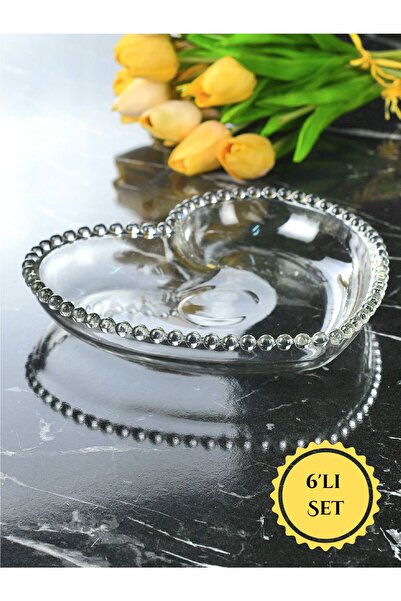 İnova Home Decor Kalp - Boncuk Desen Puantiyeli Cam Büyük Boy Pasta-sunum Tab...