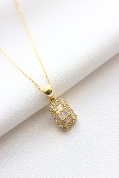 Dazzlecave 925 Ayar Gümüş Kolye - Zirkon Taşlı Baget Gümüş Kolye - Altın Kapl...